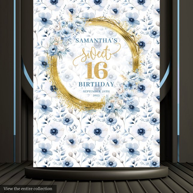 Tenture Classique Enseigne Pailletée Or pour Douze Ans Ble (Classic Dusty Blue Sweet Sixteen Gold Glitter Sign Tapestry)