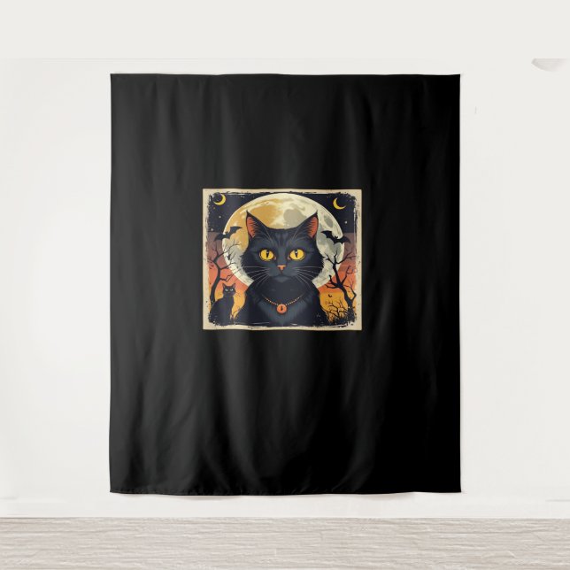 Tenture Classique Rétro Chat Noir Halloween T-Shirt Classi (Devant)
