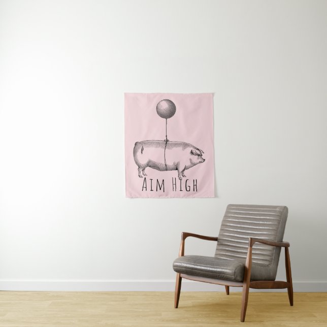 Tenture Cochon mignon et ballon inspirant viser haut (En situation)