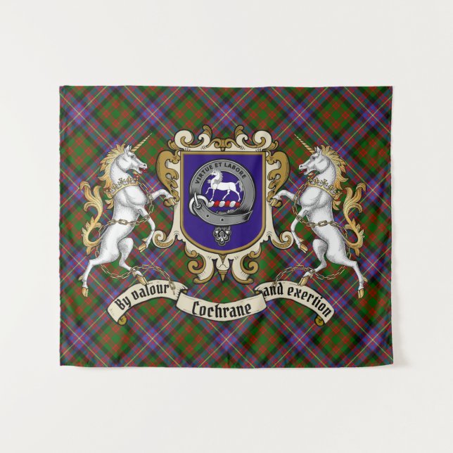 Tenture Cochrane Clan Badge & Unicorns avec Tartan (Devant (Horizontal))