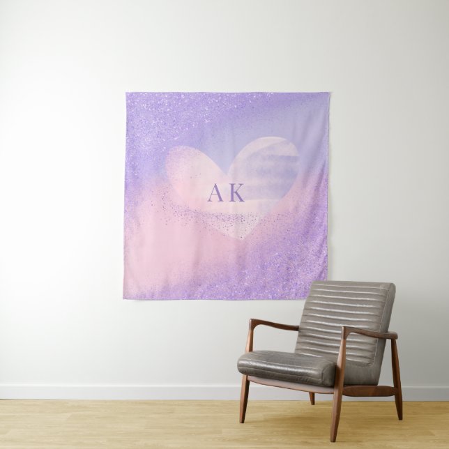 Tenture Cœur dégradé violet rose monogrammé  (En situation)
