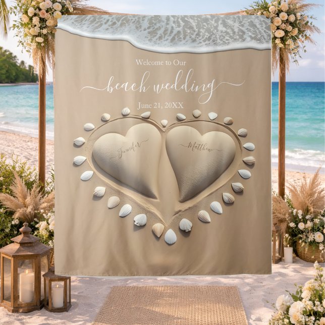 Tenture Cœurs de Sable Mariage sur la Plage (Beach Wedding Sand Hearts Tapestry)