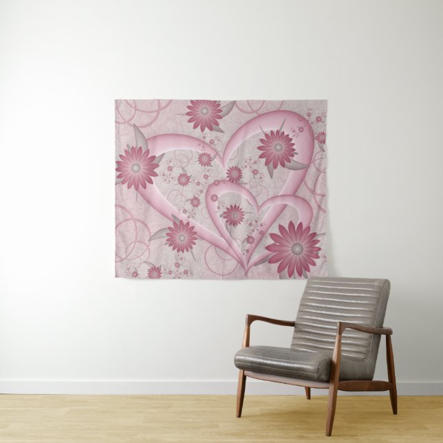 Tenture Cœurs et fleurs abstraits roses Amour Art fractal (En situation (horizontale))