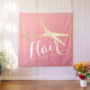 Tenture Coiffeur Maquillage Salon Moderne Ciseaux Rose Or