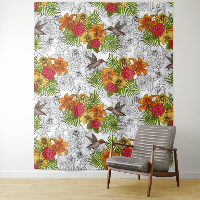 Tenture Colibris et bouquet tropical (En situation)