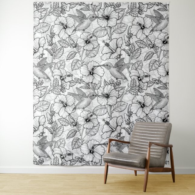 Tenture Colibris et fleurs d'hibiscus b&w (En situation)