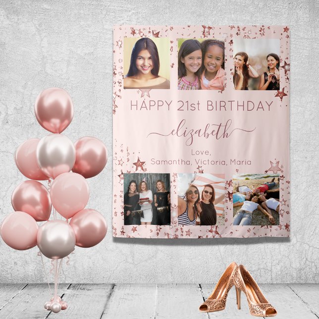 Tenture Collage de photos d'anniversaire rose doré meilleu (Créateur téléchargé)
