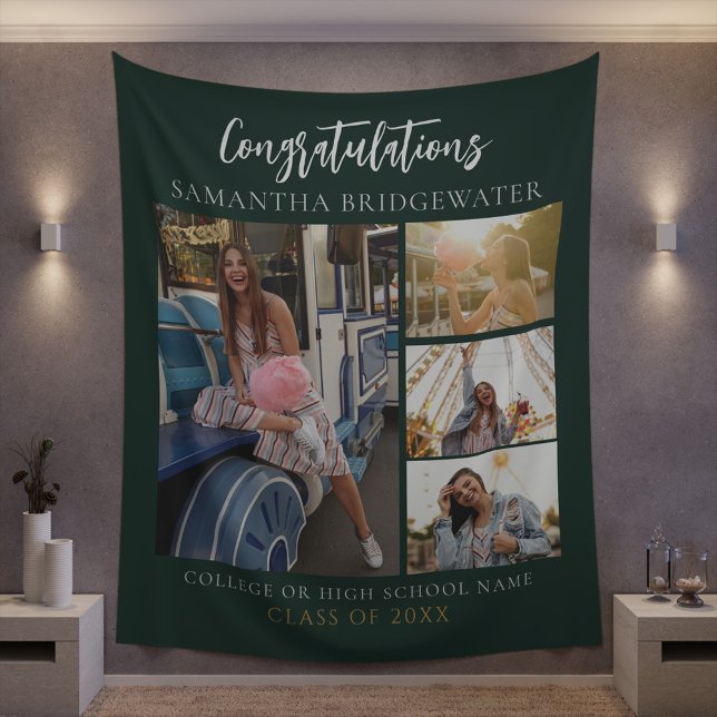 Tenture Collage photo de remise de diplômes 2026 Vert Dipl (Graduation Party Photo Collage Green Tapestry)