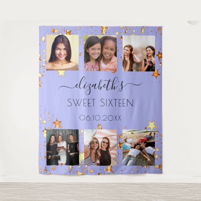 Tenture Collage photo fête des 16 ans violet or (Devant)