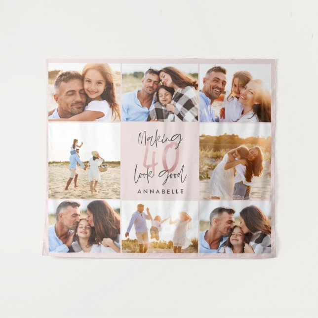 Tenture collage photo pailleté rose fille pour 40e anniver (Devant (Horizontal))