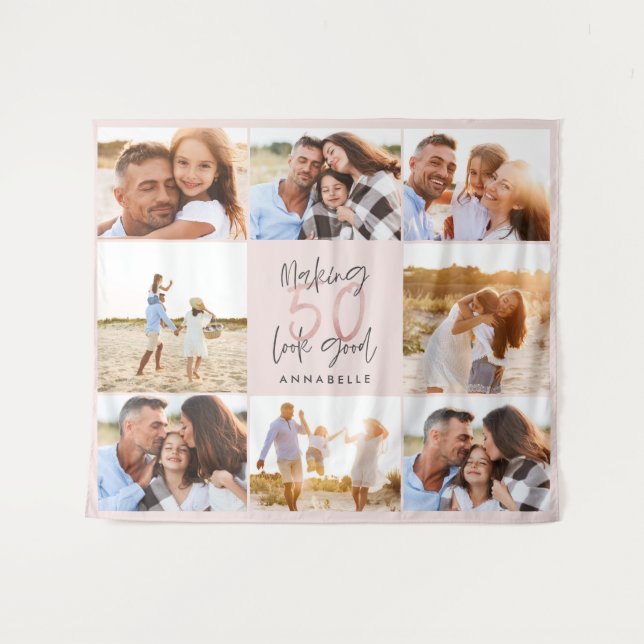 Tenture collage photo pailleté rose girly pour 50e anniver (Devant (Horizontal))