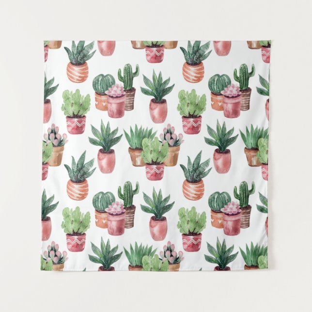 Tenture Collection de cactus en pots, aquarelle. (Devant)