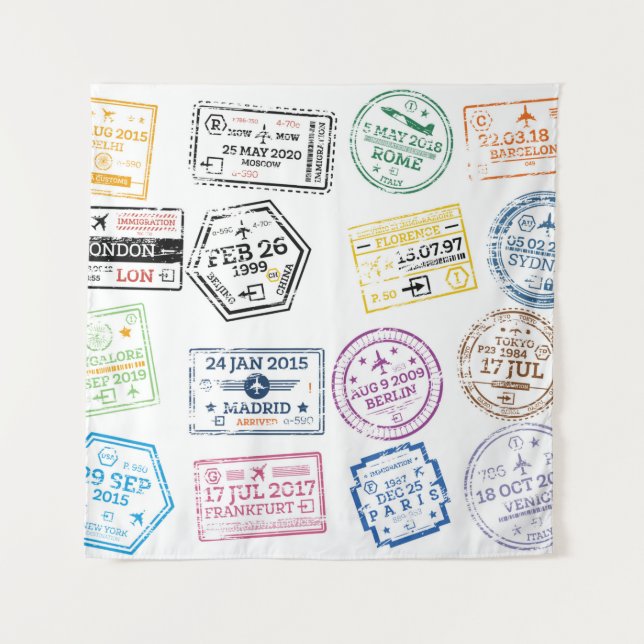 Tenture Collection de timbres de passeport isolés sur blan (Devant)