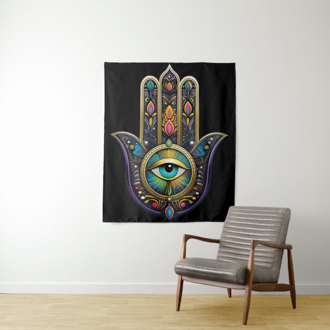 Tenture Colorful Black Gold Hamsa w/ Turquoise Third Eye (En situation)