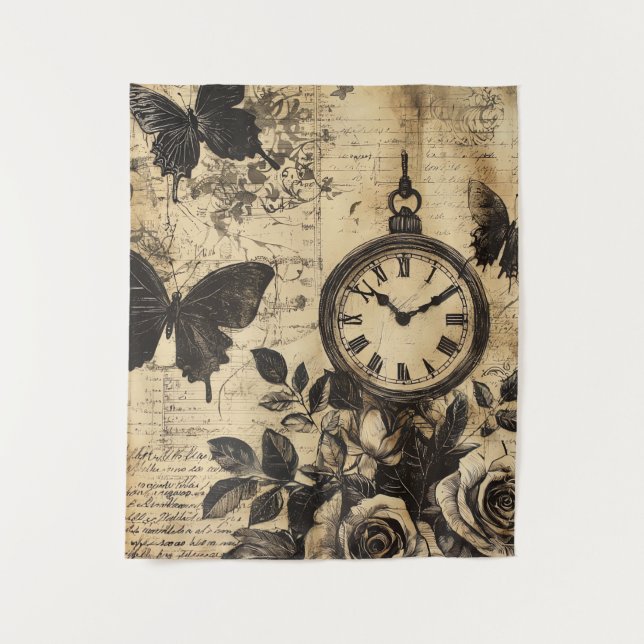 Tenture Compas vintage et papillon - Papier rustique (1) (Devant)