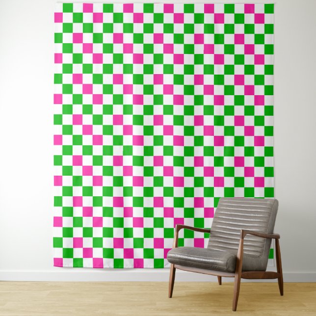 Tenture Conception à carreaux rose blanc vert  (En situation)