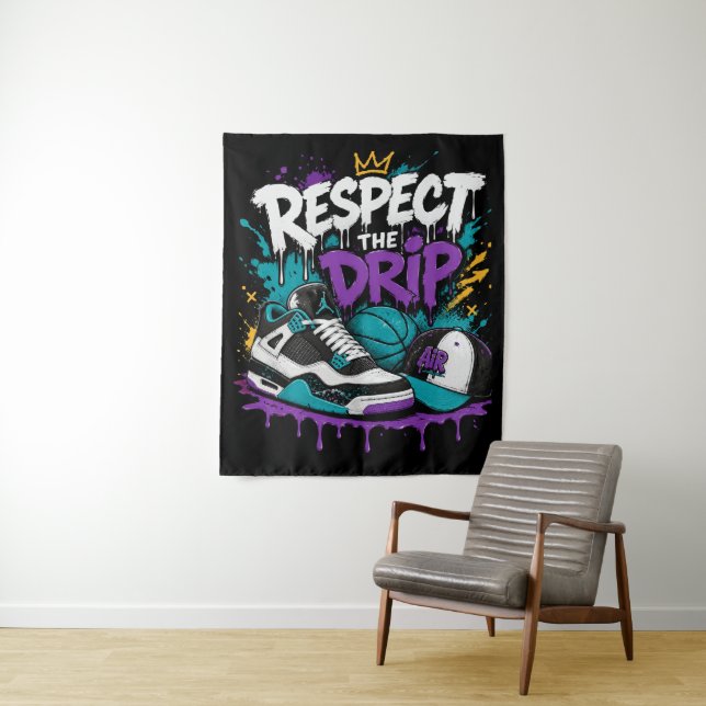 Tenture Conception de basketball Respect The Drip (En situation)