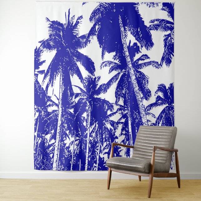 Tenture Conception de palmiers tropicaux fond bleu et blan (En situation)