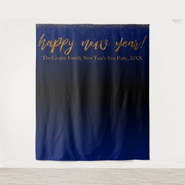 Tenture Confettis Dorés Bonne Année ! Fond Noir Bleu (Devant)