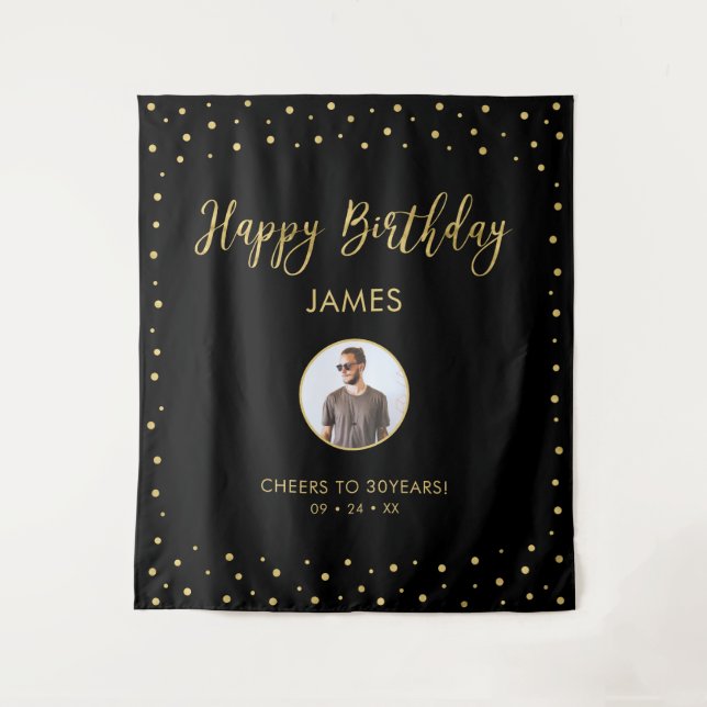 Tenture Confettis dorés et noirs | Photo Joyeux Anniversai (Devant)