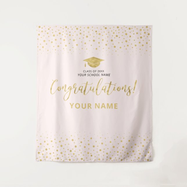Tenture Confettis dorés et rose | Félicitations Diplômé (Devant)