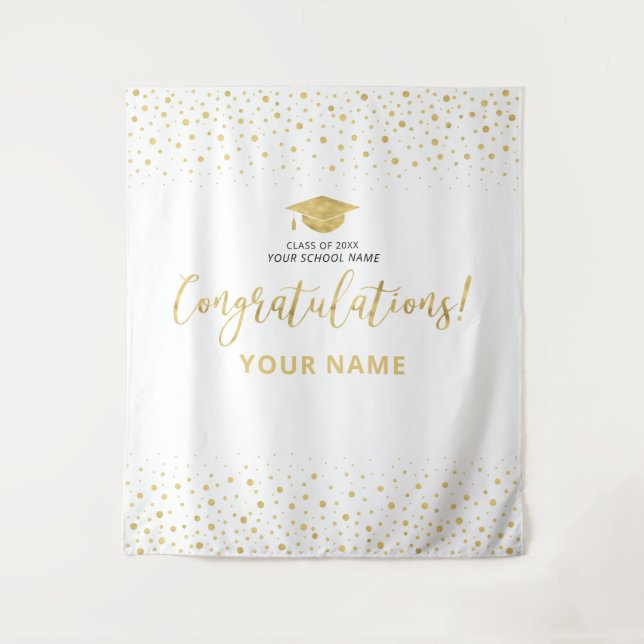 Tenture Confettis Or et Blanc | Félicitations Diplômé (Devant)