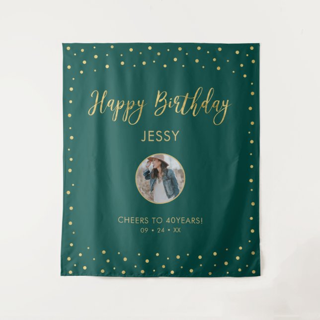 Tenture Confettis Or & Vert | Photo Joyeux Anniversaire (Devant)