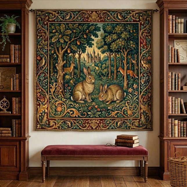 Tenture Conte de Fées Lapin de Style Médiéval en Forêt de  (Add a magical touch to your home with this medieval-style, vintage-look woodland forest tapestry.)