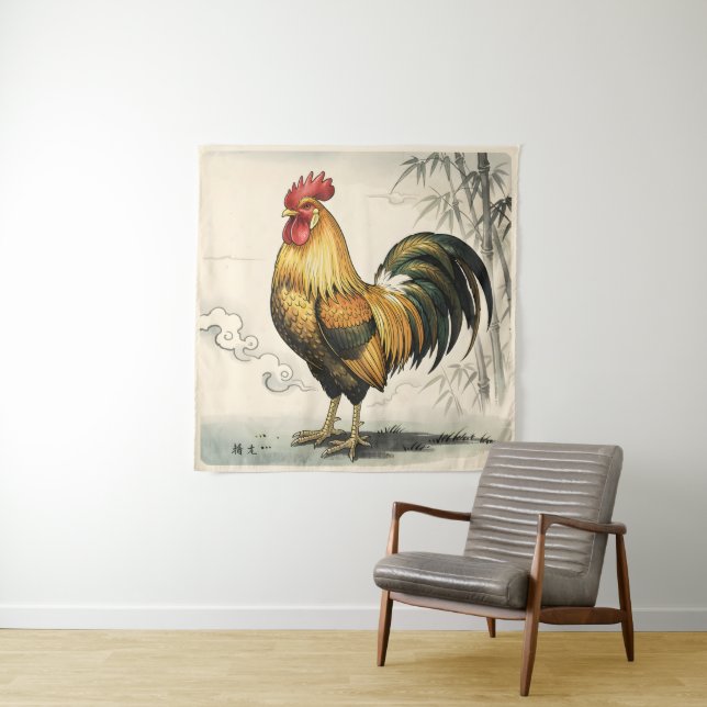 Tenture Coq doré art japonais (En situation)
