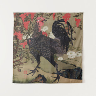 Tenture Coq noir et Nandin par Ito Jakuchu