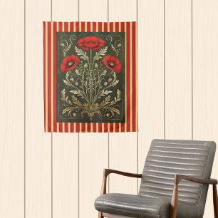 Tenture Coquelicots Vintage Art Nouveau Or Rayures Rouges