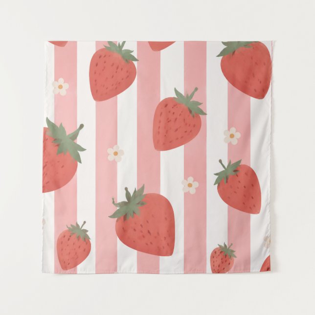 Tenture Coquette Fraise Rose Rayure Chambre Nounou (Devant)