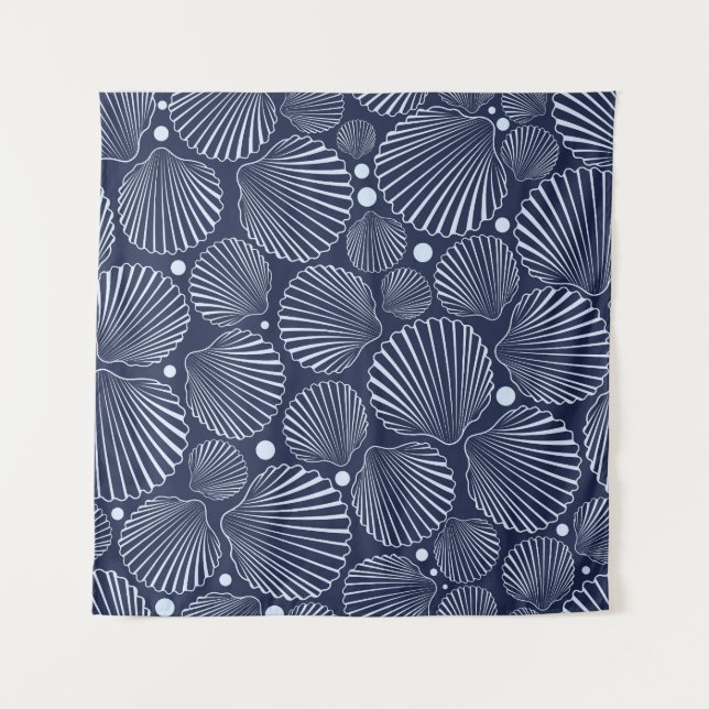 Tenture Coquillages bleus, motif de mer d'été. (Devant)