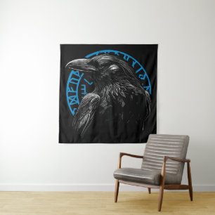 Tenture Corbeau avec Runes Nordiques - Art Sombre