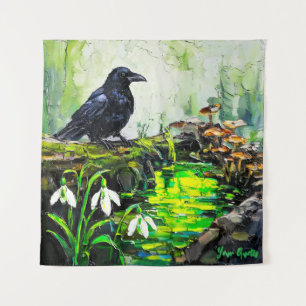 Tenture Corbeau noir et ruisseau de forêt lumineuse, peint