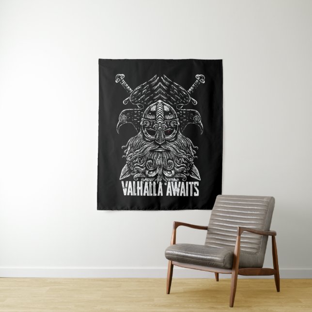 Tenture Corbeaux d'Odin Mythologie Viking Valhalla attend (En situation)