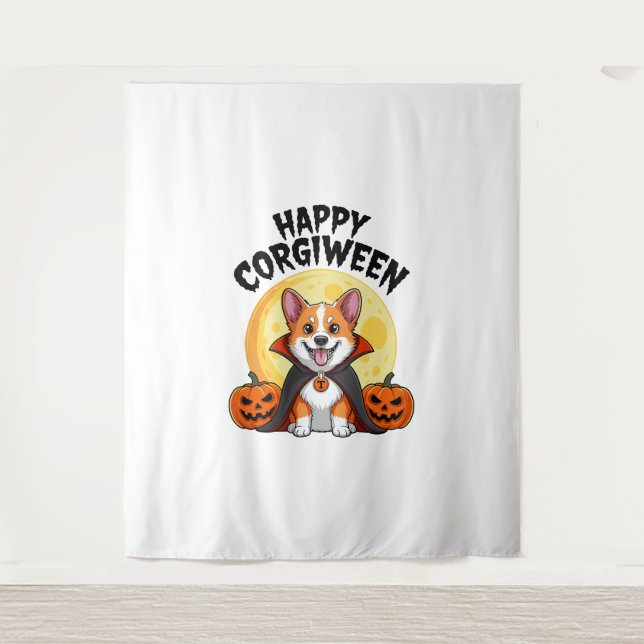 Tenture Corgiween d'Halloween, chien corgi effrayant (Devant)