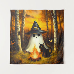 Tenture Cosy Halloween Ghost & Black Cat Campfire Art