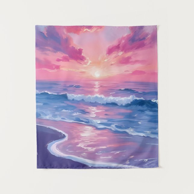 Tenture Coucher de soleil océan rose vagues aquarelle (Devant)