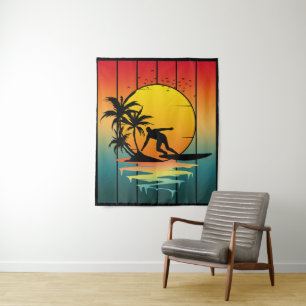 Tenture Coucher de soleil vintage surfant surfeur océan va