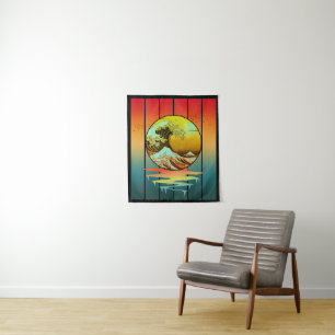 Tenture Coucher de soleil vintage vague japonaise Kanagawa