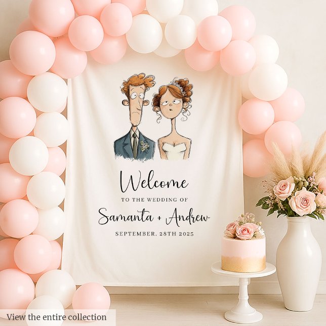 Tenture Couleur d'eau Quirky Bride and Groom Mariage (Quirky Bride and Groom Wedding Backdrop Watercolor)