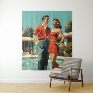 Tenture Couple des années 50 au bord de la piscine