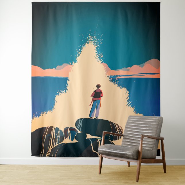 Tenture Courage face à la mer - Vue sur les vagues déferla (En situation)