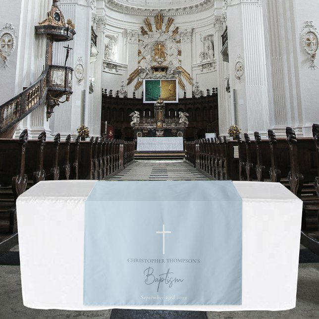 Tenture Coureur de table de baptême de croix de garçon ble (Blue Boy Cross Christening Baptism Table Runner Tapestry)