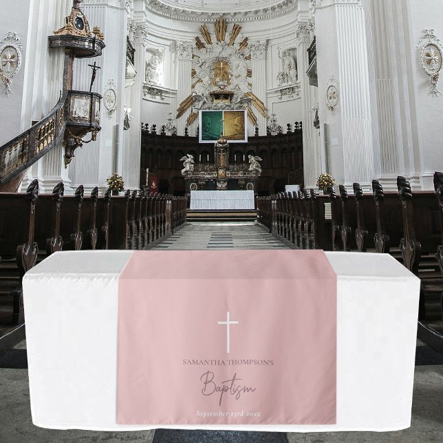 Tenture Coureur de table rose fille baptême baptême (Pink Girl Cross Christening Baptism Table Runner Tapestry)