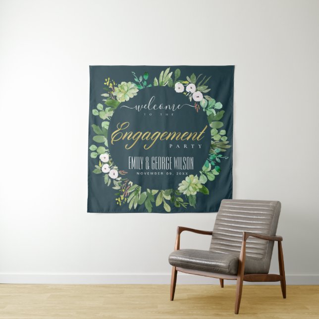 Tenture Couronne de feuillage vert aquarelle de bienvenue  (En situation)
