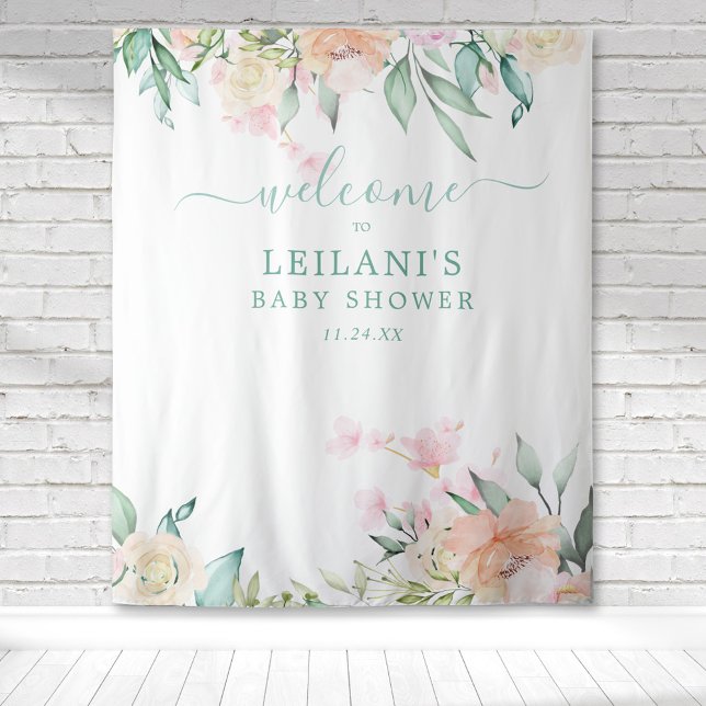 Tenture Couronne de fleurs à l'aquarelle dans les tons pas (Pastel watercolor floral botanical welcome baby shower tapestry photo op background.)