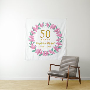 Tenture Couronne de fleurs roses dorées du 50e anniversair