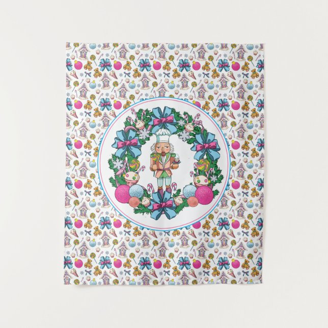 Tenture Couronne de Noël rose et bleue adorable avec casse (Devant)